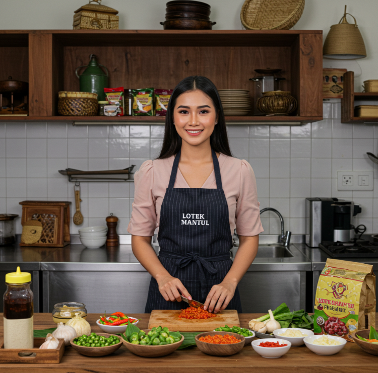 Ibu Rohaeti sedang menyiapkan lotek di dapur sederhana